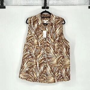 NWT Linen Blend Brown & Tan Leaf Print Button Front Sleeveless Top - Plus 1X